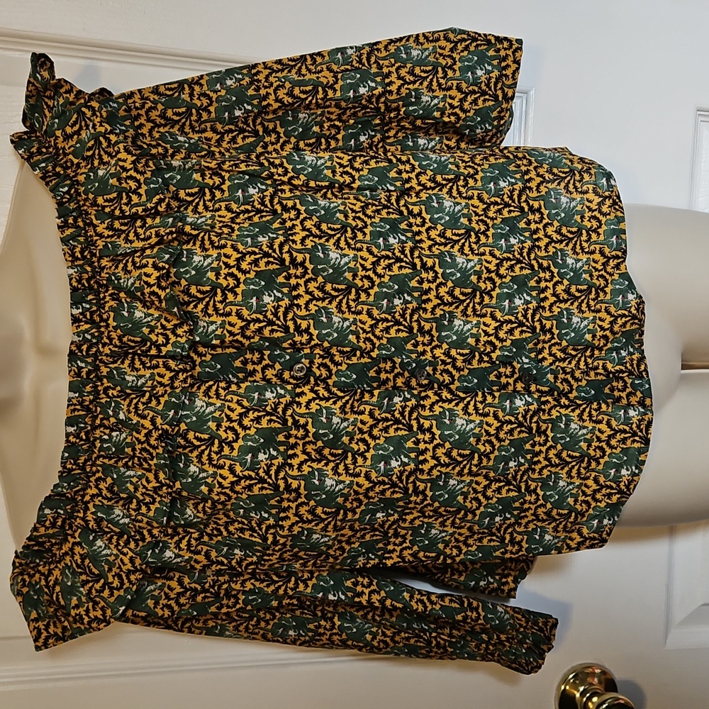 J Crew off the shoulder elephant print button down blouse.